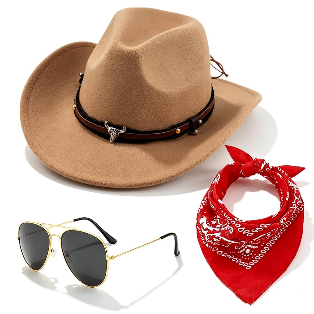 FCXVXCL Cowboy Hat, 3PCS Western Cowboy Costume Accessories for Adults Cowgirl Hat Fancy Dress Accessory Set with Bandana Glasses Western Hats for Halloween Birthday Cosplay Carnival Party(Camel) — image 1