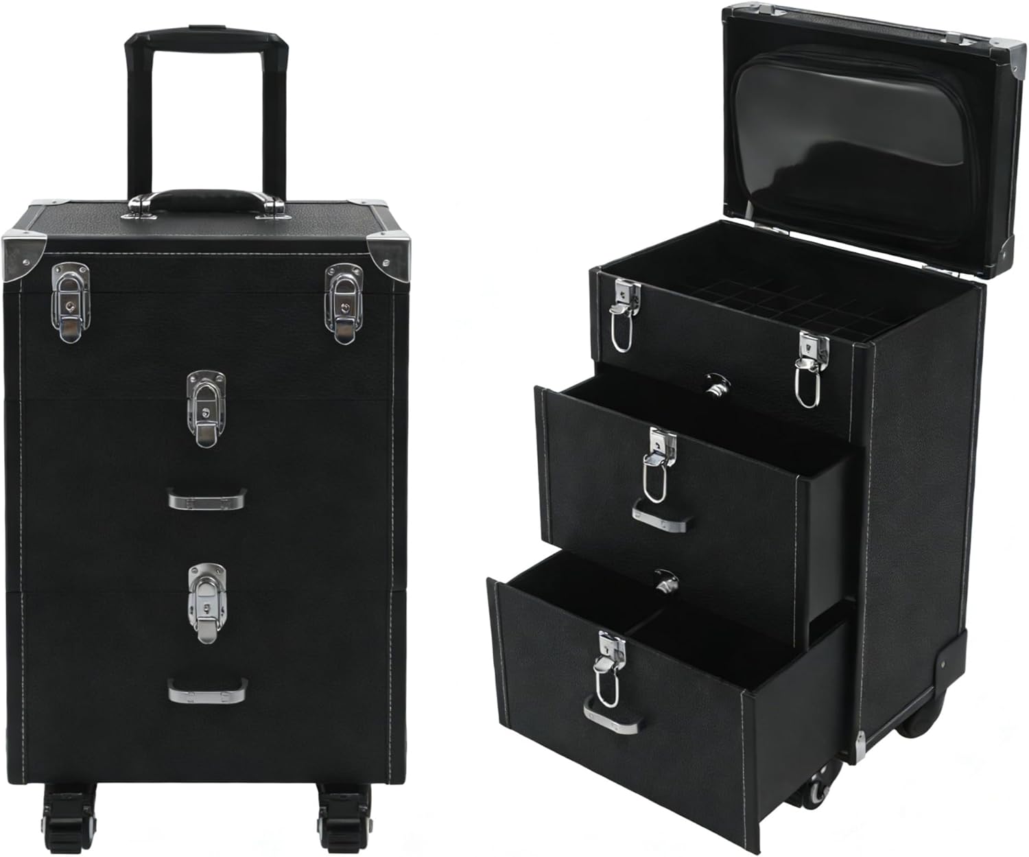 Rolling Makeup Train Case with Drawers, Cosmetology Case with Wheels & Pull Rod, Professional Makeup Trolley with Locks for Nail Polish storage, Tattoo, Salon (Silver Lock, Black)