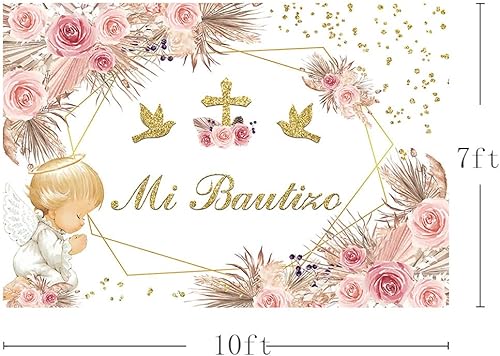 Vista 9 de SENDY Telón de fondo bohemio de 7 x 5 pies Mi Bautizo Bautizo Bautizo Dios bendiga la primera comunión decoraciones para niña, ángel rosa, floral