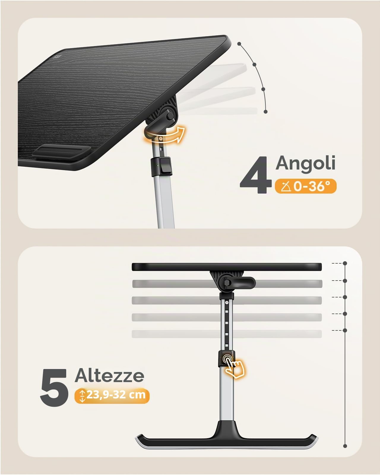 Tavolo, SAIJI Tavolino da letto, Supporto pc Portatile regolabile a 5 altezze, lapdesk pieghevole, per divano divano pavimento lavoro studio lettura scrittura mangiare (52 * 30cm nero)