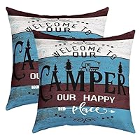 Funda De Cojín Para Camping, 40 X 40 Cm, Juego De 2 Fundas De Cojín De Decoración Suave, Con Cremallera Y Diseño De Dibujos Animados, Camping, Coche, Madera, Grano, Azul, Cojín Decorativo