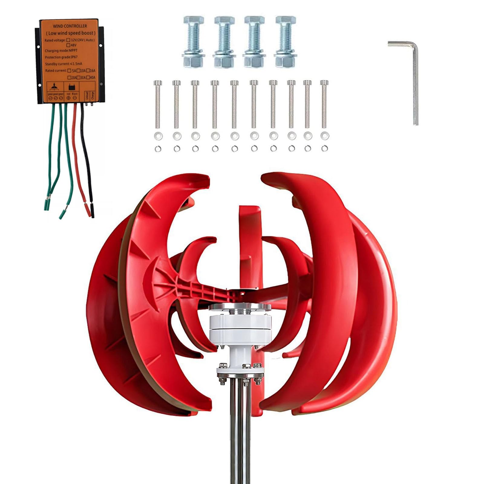 Kit Generador Eólico 100W 300W 500W, 12V 24V 48V Turbina Vertical con Controlador, Silencioso, Brida DN25 para Camper Barco Jardín, Sistema de Energía Exterior(24V,100W)