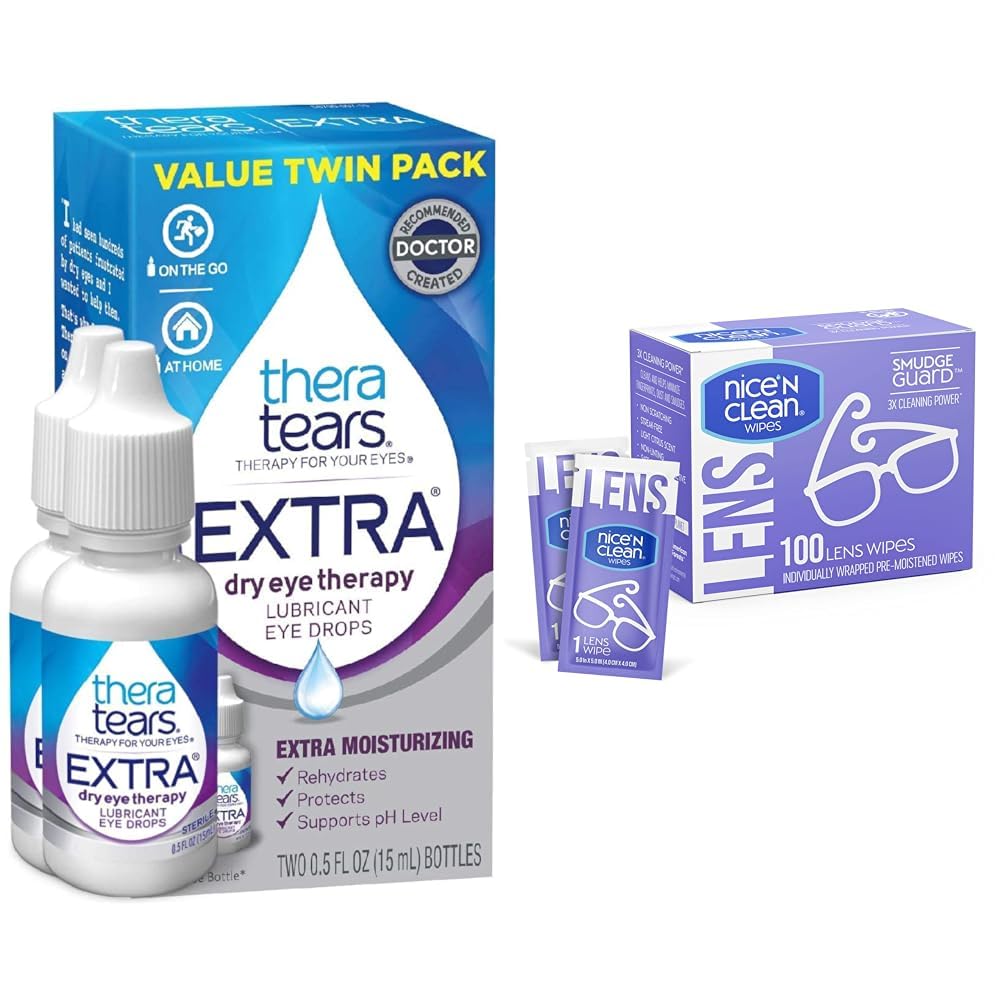 TheraTears Extra Dry Eye Drops 2 Count Nice n Clean 100 SmudgeGuard Lens Wipes Bundle
