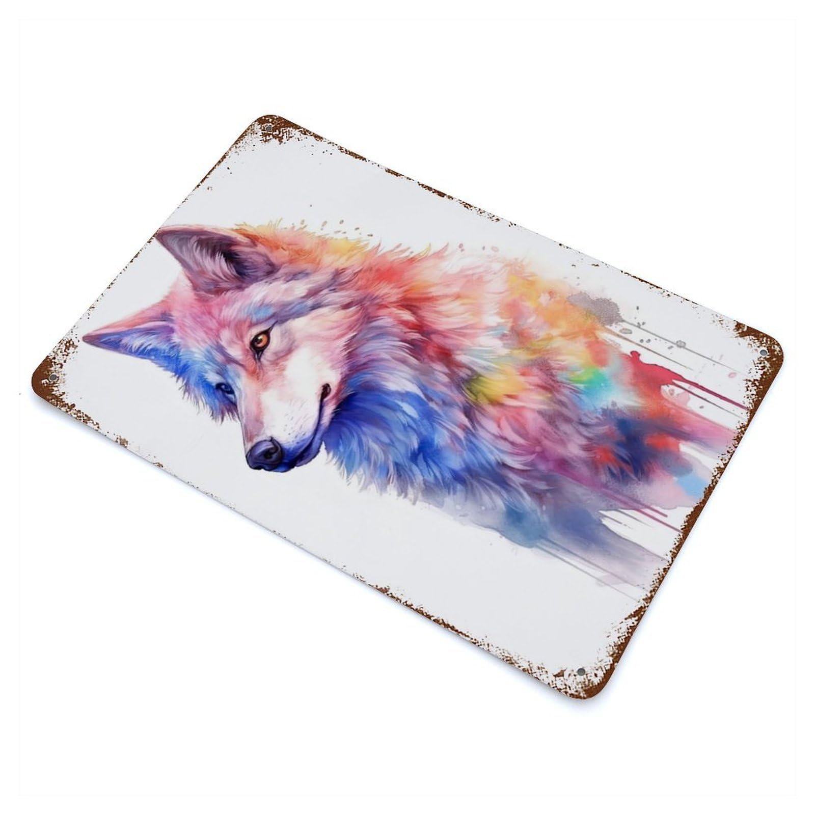 Vintage Rust Metal Sign Watercolor Wolf Painting 11.8"x7.9", Novelty Wall Decor for Garage, Bar And Workshop Decor