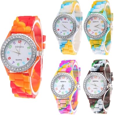 Wholesale Watch Set Lot 5 Pack Rhinestone Colorful Silicone Jelly Wristwatch for Women Lady