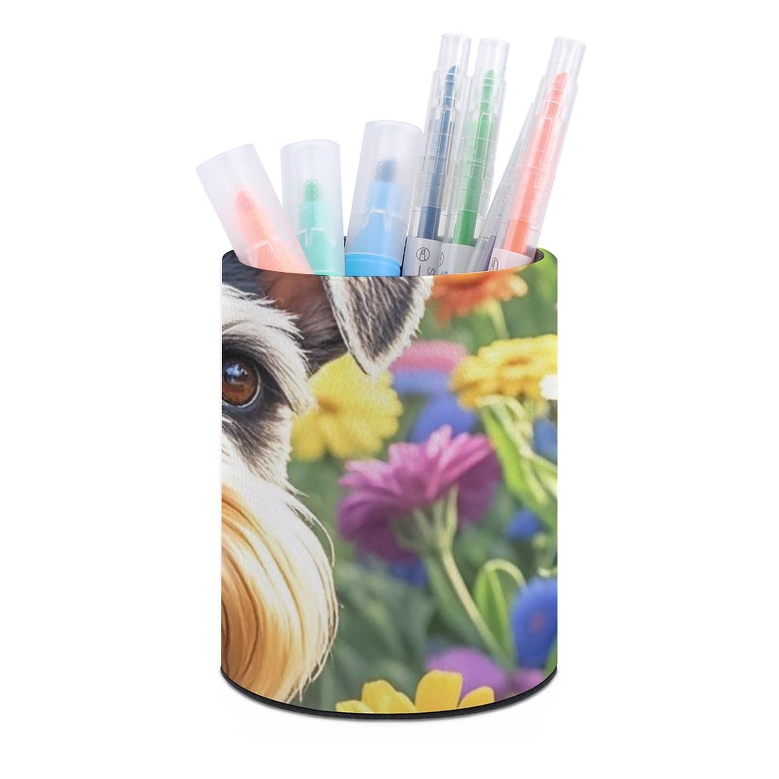 FekiLoot PU Leather Round Pen Holder Schnauzer Pencil Holder Desk Organizer Pen Organizer Pen Cup Pencil Cup Caddy Desktop Stationery Organizers for Office Home Supplies