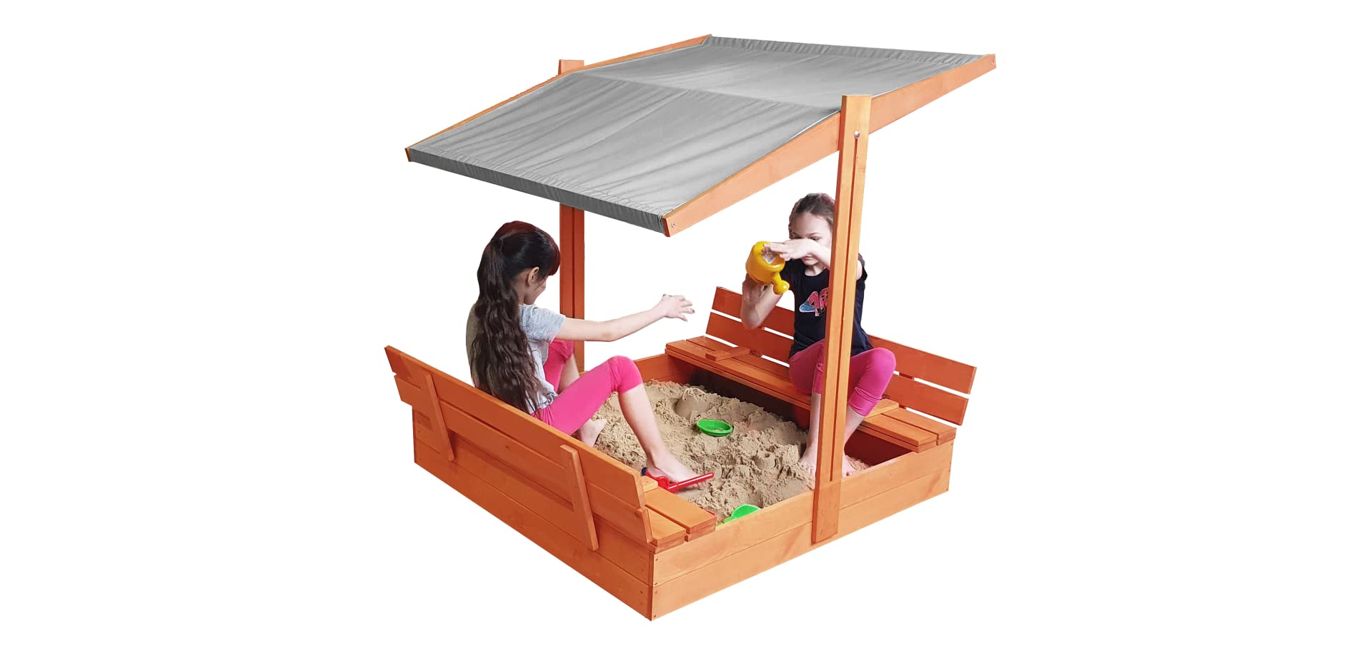 Sandkasten aus Holz mit Dach GRAU & wetterfester Tarpaulin Abdeckung - Sandkiste 120 x 120 cm. mit UV 50 Sonnenschutz & Faltbare Bank - Sandkästen rechteckig überdacht für Kinder