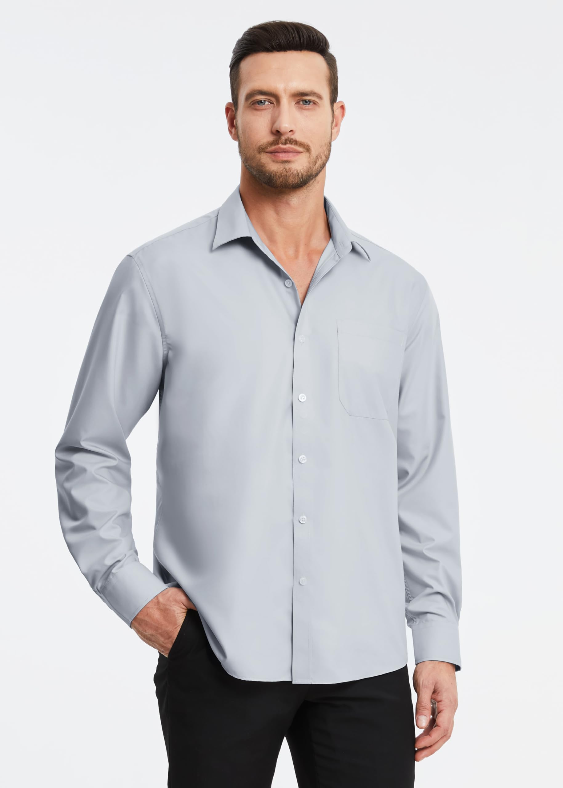 HISDERN Camisa de Manga Larga para Hombre de Vestir y Negocios - Informal de Ajuste Regular - Fibra de Bambú Sin Hierro Con Bolsillo S-4XL