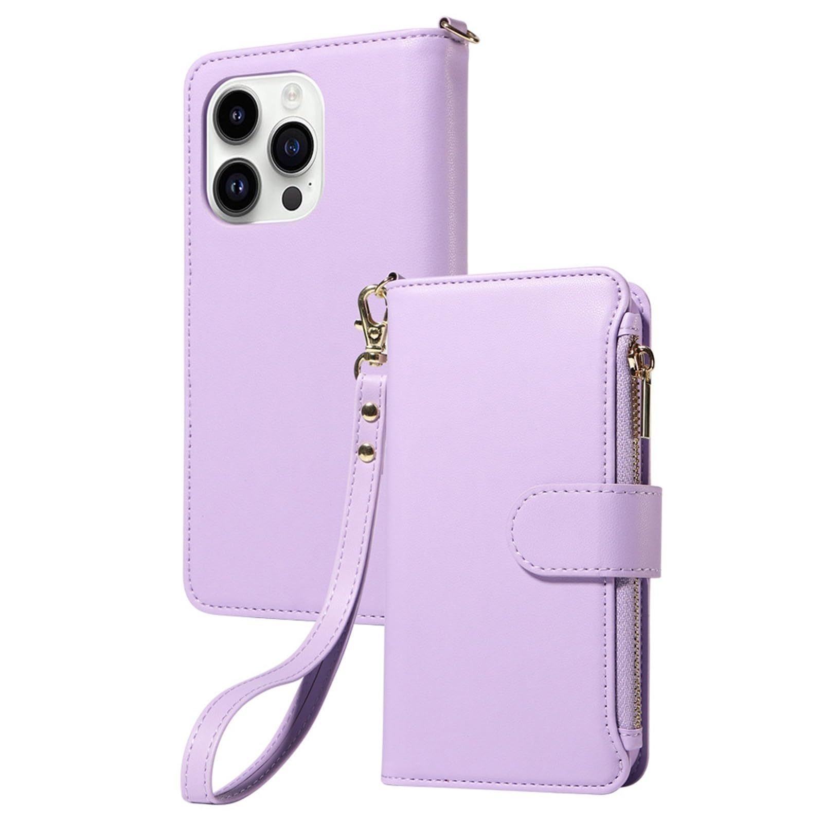 Coque iPhone 16 en cuir violet avec porte-cartes élégant et béquille