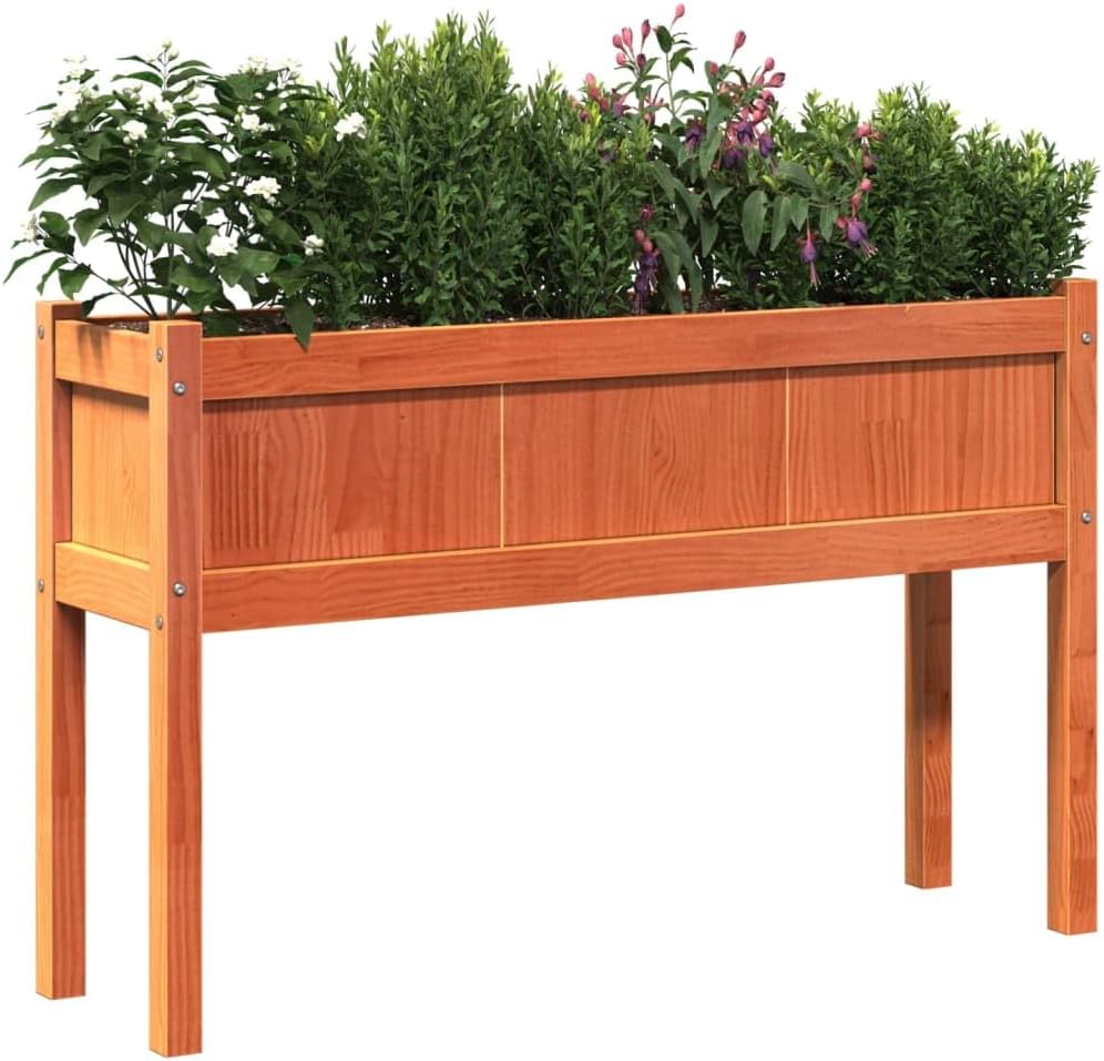 Garden Planter Wax Brown Solid Pine Wood, 43.3" Rectangular Outdoor Raised Garden Bed for Flowers, Herbs, Patio, Balcony