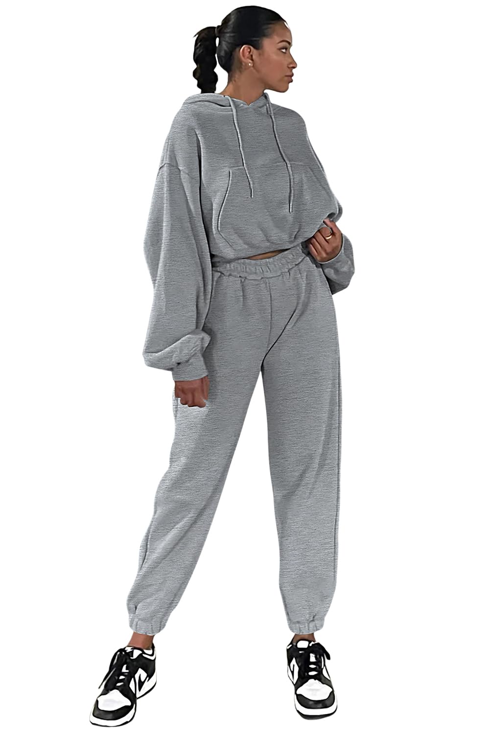 Womens Fashionable Gray Solid Drop Shoulder Hoodie and Joggers Activewear Set