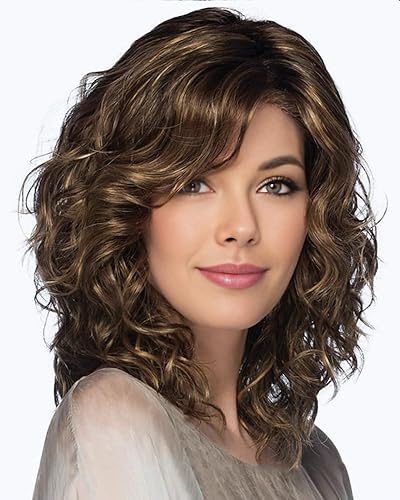 SEVENCOLORS Pelucas rizadas de longitud media con reflejos, pelucas cortas de color castaño mezclado con rubio, pelucas de cabello sintético