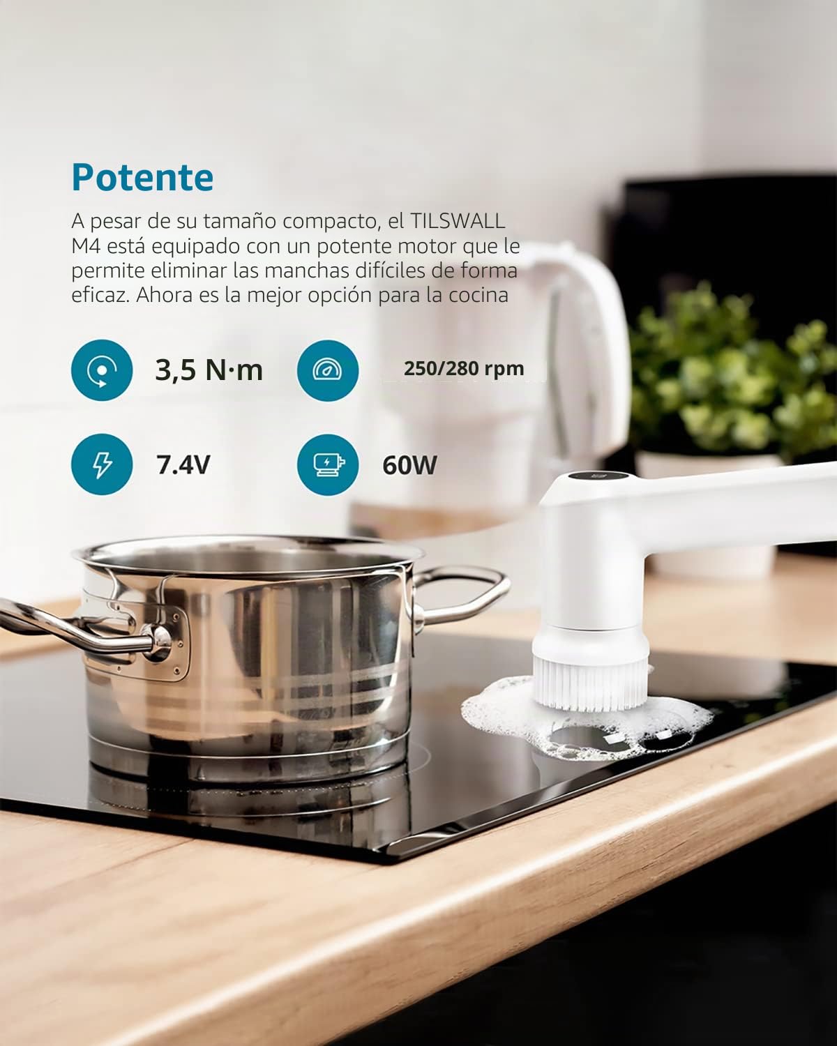 TILSWALL M4 Cepillo Limpieza Eléctrico, Cepillo Turbo Limpieza con Cabezales Reemplazables, 2 Velocidades de Rotación y 5 Cabezales Intercambiables, con Pantalla LED para Baño, Cocina, Azulejo