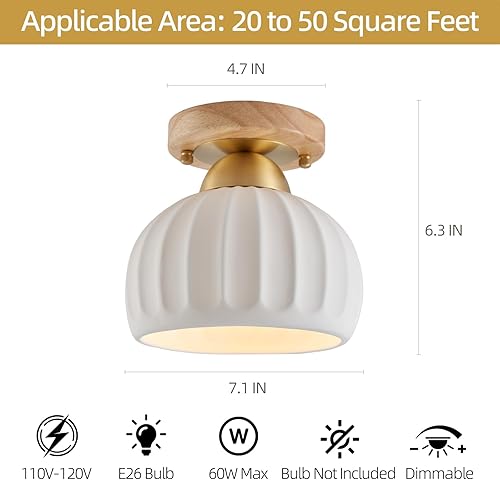 Miniatura 5 de Paquete de 2 luces de techo semiempotradas de madera y latón de cerámica, lámparas de pasillo doradas vintage, modernas de mediados de siglo,