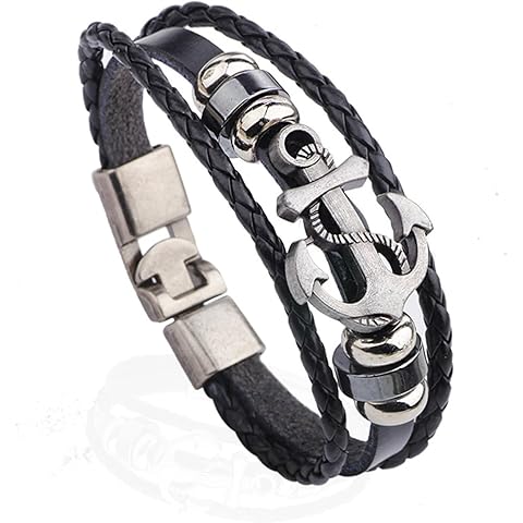 la luen Leather Black with Anchor Emblem Bracelet Multilayer Vintage Alloy Buckle Bracelet For Mens Women