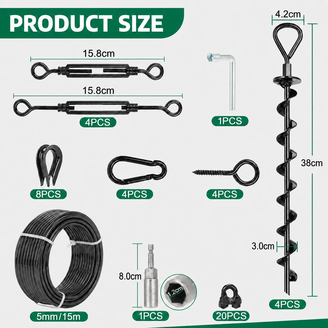 Bodenanker zum Eindrehen 4er Set 38 cm – Vollspiral Erdanker/Schwerlastanker mit 3/16'' PVC-Stahlseil, 4 Spannschlössern & Bohradapter, Sturmanker für Trampolin, Zelt, Pavillon, Carport