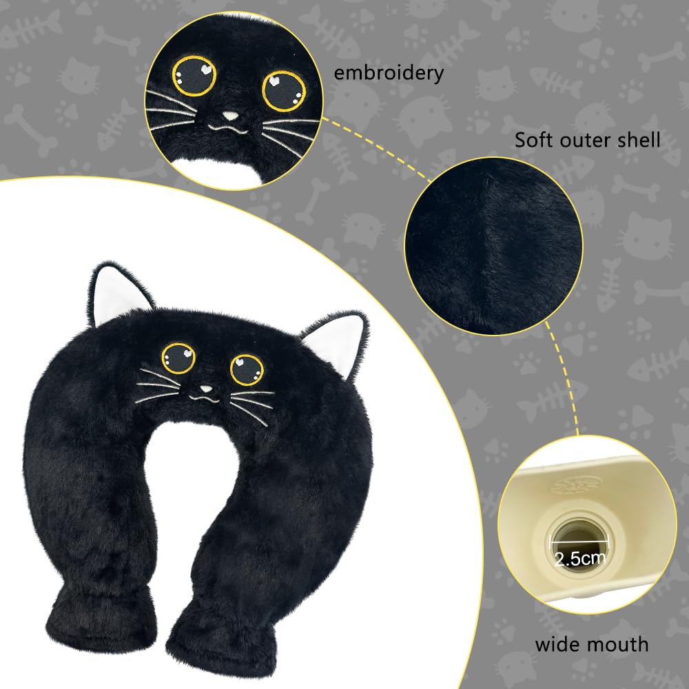 Bouillotte Eau Chaude Avec Housse Douce 1 L, Bouillotte Cervicale Et Epaule, Coussin Chauffant Cervicales Neck Relax, pour Femme, Homme, MèRe, PèRe Enfant (Chat Noir)