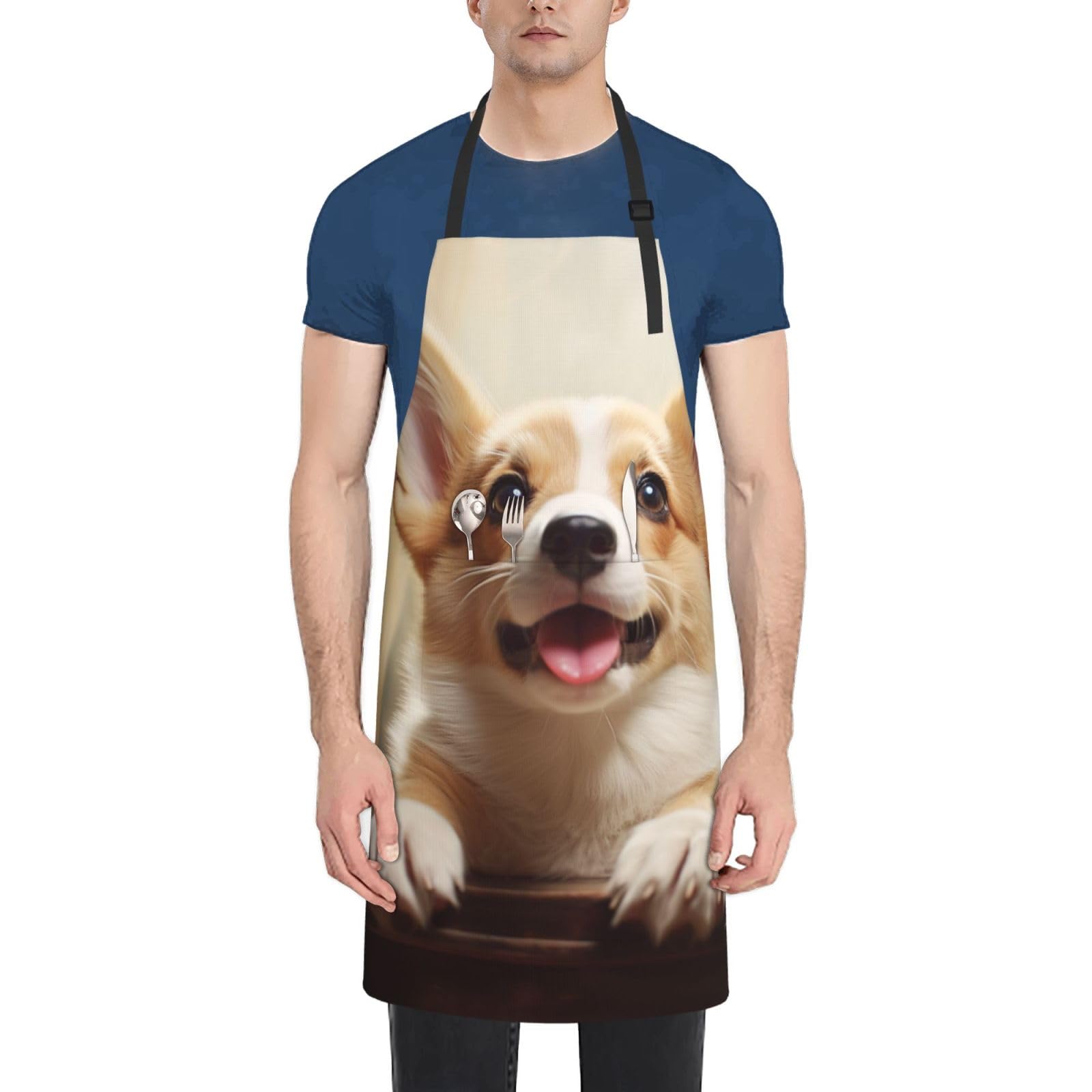 peiyeety Cute Corgi Apron for Adults, Waterproof Cooking with 2 Pockets, Adjustable Bib for Dishwashing, Long Kitchen for Women Men Work Dog Grooming