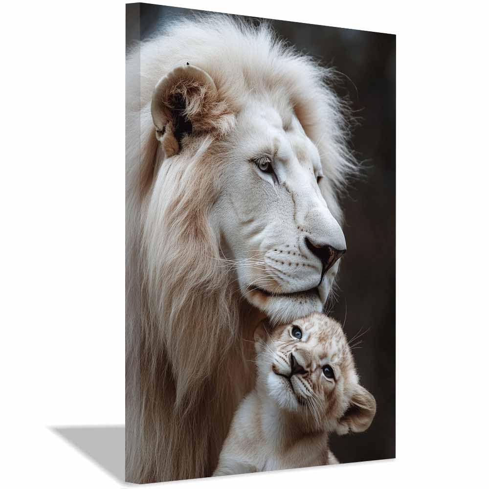 QUSAAOU Zwierzęta portret rodziny lew biały i szczeniak nowoczesne obrazy na płótnie sztuka ścienna do salonu wystrój domu festiwal prezent z(biały)-60 x 90 cm 1 oprawiony