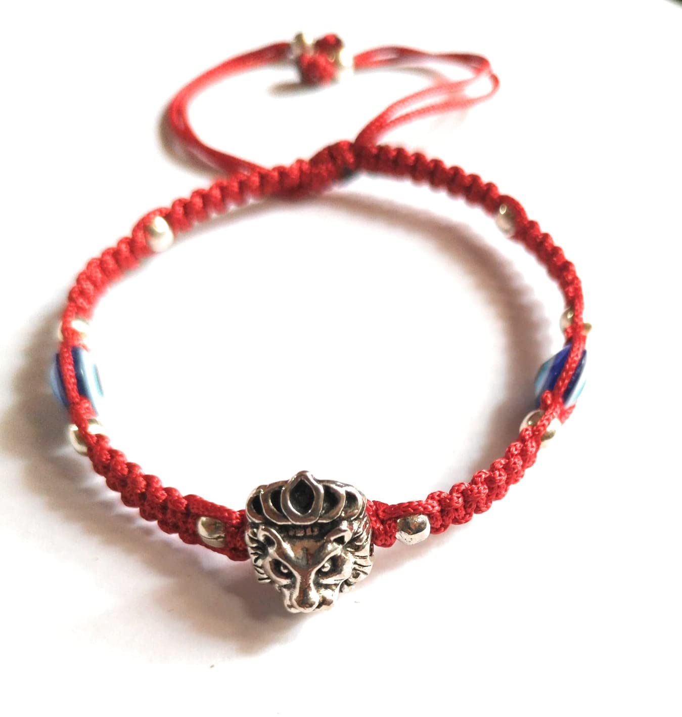 JyokrishHandmade Adjustable thread Metal Silver Lion Head & 2 blue evil eye Bracelet for Women| Men |Girls |Boys |Free Size |Pack of 1 |Lucky protection