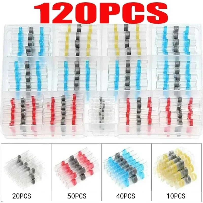 120Pcs Impermeabile Saldatura Guarnizione Connettore Termoretraibile Connettori di Testa Terminali Capocorda Terminali Filo Elettrico Auto Isolato Terminale