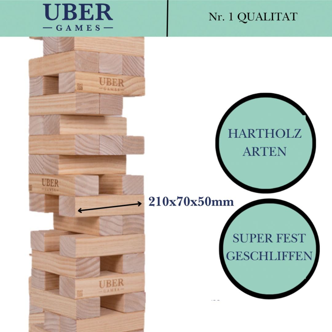 Uber Games Riesenwackelturm XXL 160 cm Jumbo Stapelturm aus FSC-Kiefernholz 54 Holzblöcke Canvas-Tragetasche