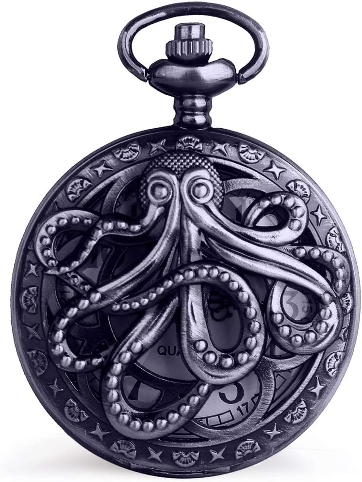 Vintage Octopus Hollow Quartz Pocket Watch Steampunk Black Pocket Watch with Necklace Chain