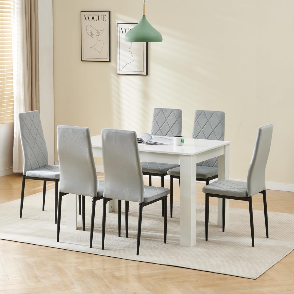 Menaka White Wood Dining Table and Chairs Set of 6, Small Rectangular Kitchen Dinner Table with 6 Seaters (Argyle Grid Grey Velvet Chairs, 120m high gloss white table, 6 seaters) — image 1