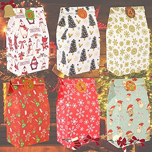 Starrky Christmas Paper Candy Bags, 24Pcs Christmas Bags With Gift Tag Stickers Wrapping Bags Colorful Xmas Bags Xmas Candy Paper Packing Trays Treat Bags For Classrooms Party Birthdays #TOP1