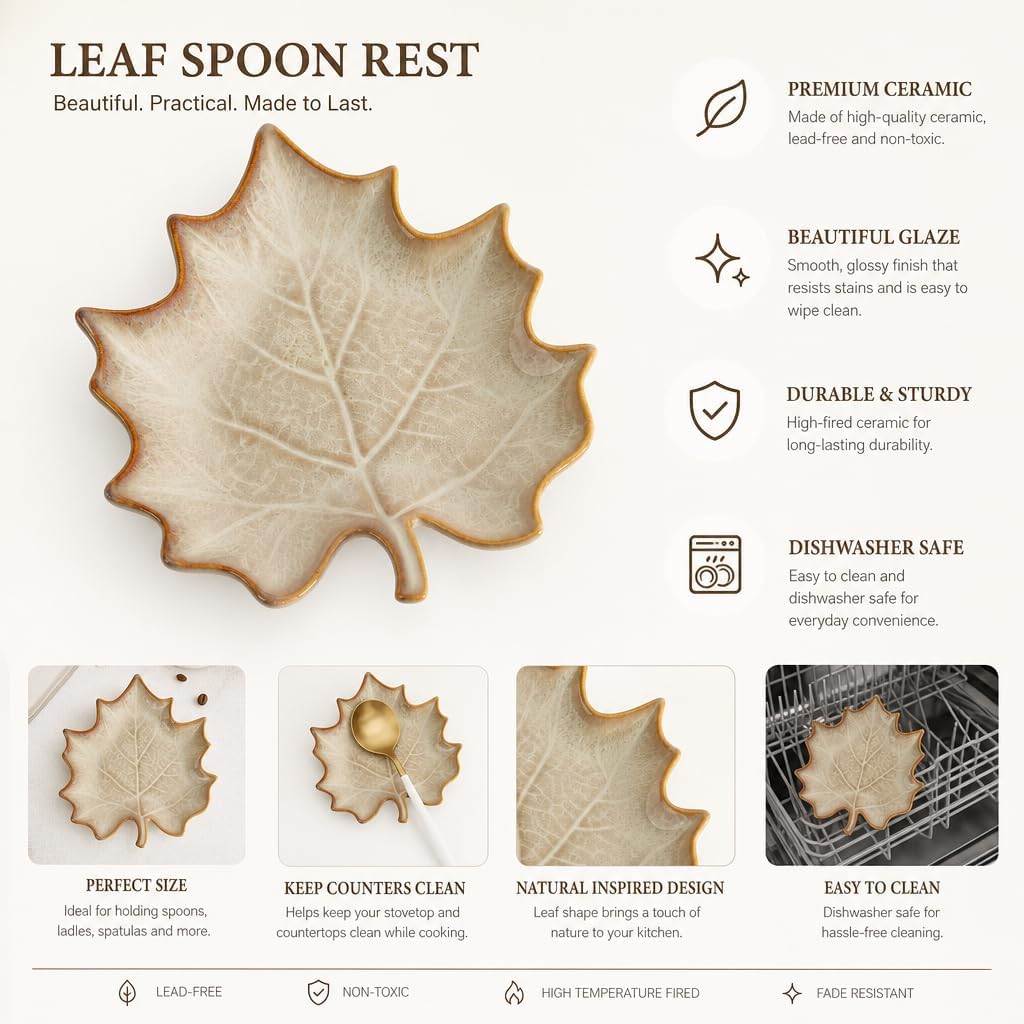 2 PCS Spoon Rest Ceramic Leaf Shaped for Stove Top & Kitchen Countertop - Cute Large Porcelain Spoon Holder Utensil Rest Spatula Rest for Cooking, Farmhouse Kitchen Decor