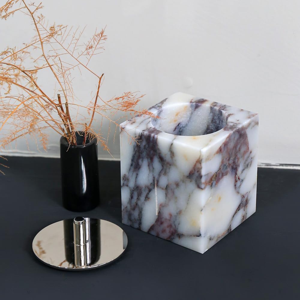 Natural Marble Canisters Q-Tip & Cotton Swab Holder with Secure Lid, Large Capacity Apothecary Jar for Cotton Balls, Pads, Floss Picks | Bathroom Vanity Countertop Organizer & Elegant Decor