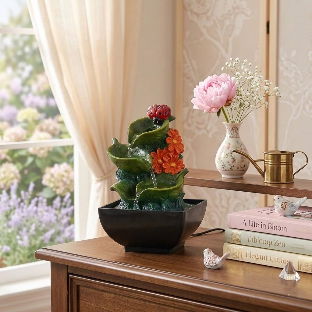Decorative Tabletop Waterfall Fountain with Cascading Leaves, Ladybug and Floral Accents | Tabletop Water Fountain Decorative Showpiece for Living Room, Bedroom, Office & Home Decor-image-20