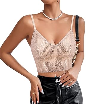 Haoohu Women's Sparkle Sequin V Neck Crop Top Spaghetti