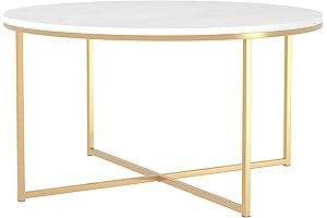 36" Walker Edison Faux White Marble & Gold X-Base Coffee Table