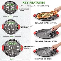 Vista 4 de NutriChef 3-Piece Pizza Tray Set with Silicone Handles - Round Nonstick Pizza Pan with Perforated Holes, Durable Carbon Steel, Small, Medium, Large