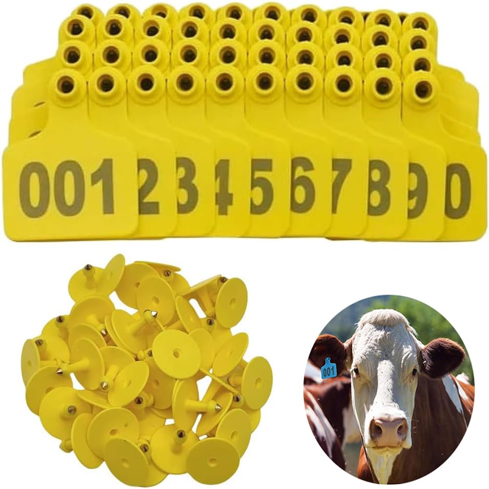 Kuh-Ohrmarke, Rinder-Tieridentifikations-Ohrmarke mit den Nummern 001-100/101-200/201-300~801-900/901-1000, geeignet für Rinder, Ziegen, Schweine und Rinder 801-900 Yellow