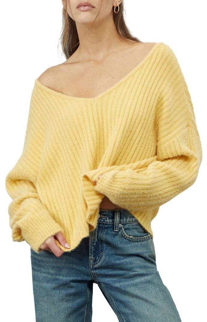 Womens Ginger V-Neck Fuzzy Sweater - Yellow Size Medium
