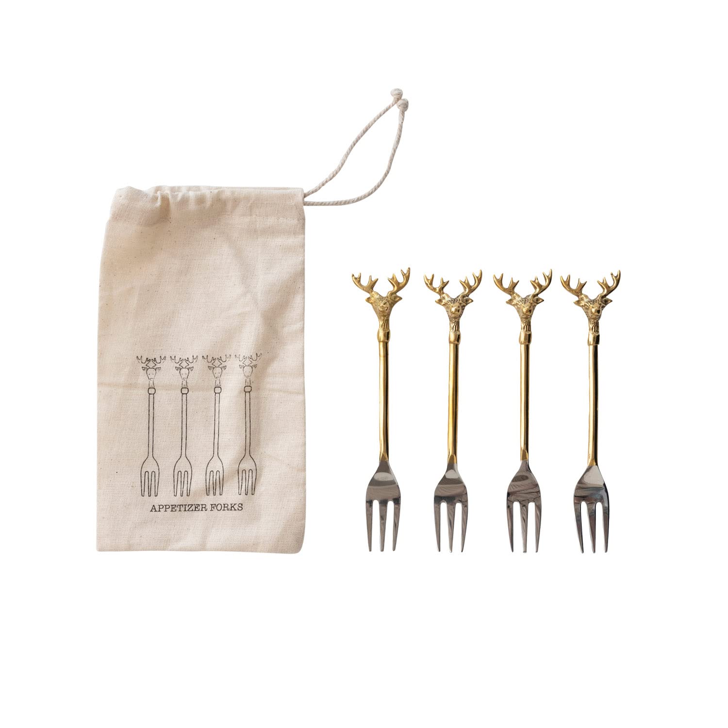Creative Co-Op Stainless Steel and Brass Forks with Gold Finish Reindeer Handles, Set of 4 in Printed Drawstring Bag