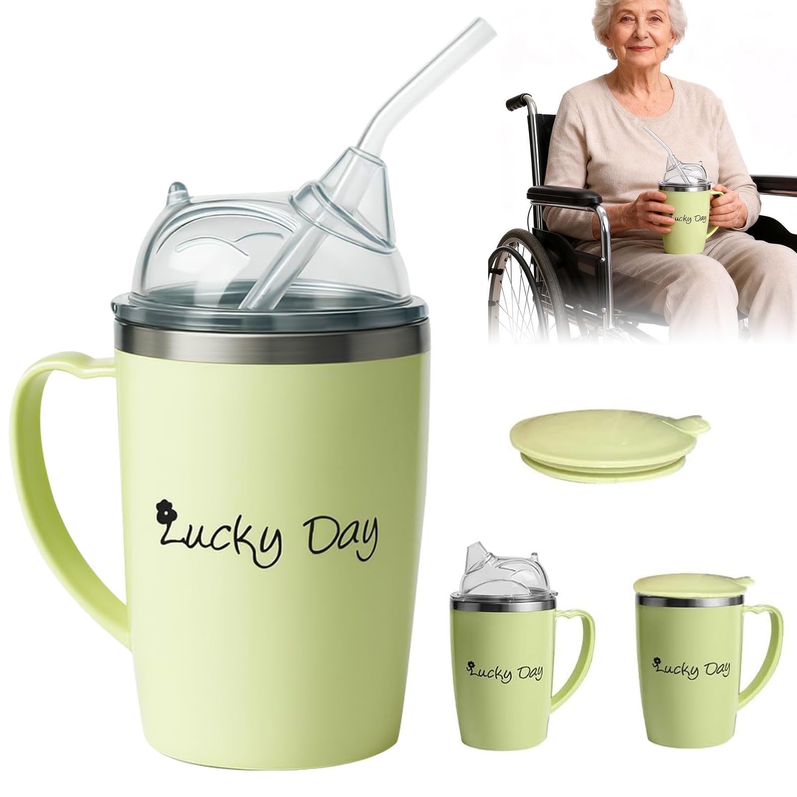 350ml Adult Sippy Cups, 3-in-1 Beakers for Elderly with 30cm Straw and Lid, Anti Choke & Non Spill Elderly Drinking Cup with Handle, Stainless Steel Dysphagia Cups for Disabled Adults Drinking Aids