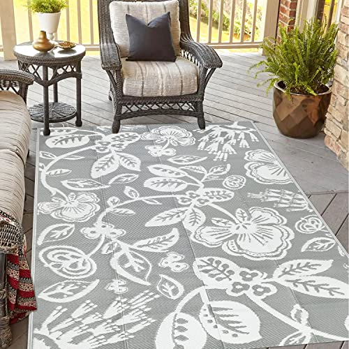 Falflor Outdoor-Teppich für Wohnmobil, Camping, 1.2x1.8 m, wasserdicht, wendbar, für drinnen und draußen, tragbarer Kunststoff-Strohhalm-Teppich für Terrasse, Deck, Pool, Balkon (grau und weiß) Cover