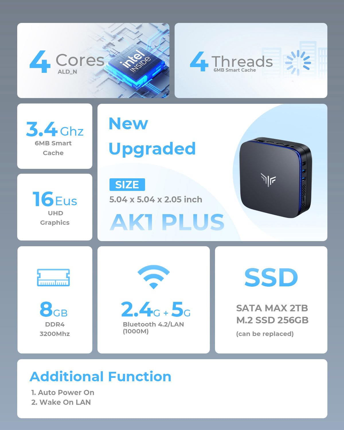 NiPoGi AK1PLUS Mini PC Ιntel 12th Gen Alder Lake-Ν N95(Max 3,4GHz) 8GB DDR4 256GB M.2 SSD,Mini Computer mit 4K@60Hz UHD Dual Display/WiFi 5/BT4.2/RJ45,Micro PC für Geschäftsbüro, Schule,Heimkino