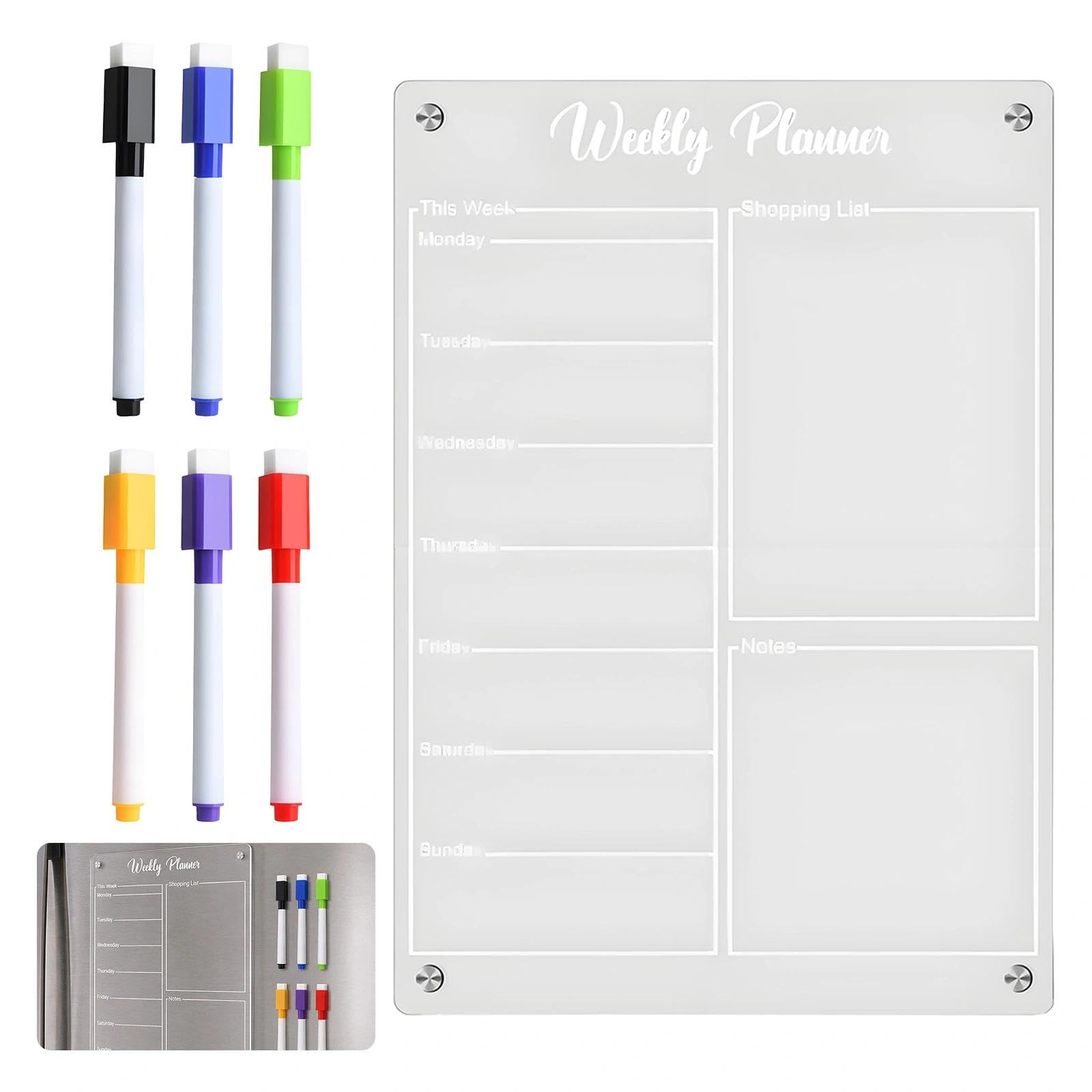 Clear Acrylic Magnetic Weekly Planner,Fridge Meal Planner Board with 6 Markers & Eraser, 8" × 12" Fridge Planners Magnetic for Menu, Shopping List and Family Organization