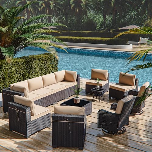 Image of 12 Pieces Outdoor Patio Furniture Set,Outdoor Sectional Furniture All Weather PE Rattan Wicker Patio Conversation Set with Coffee Table,Swivel Rocking Chairs Set,Sand