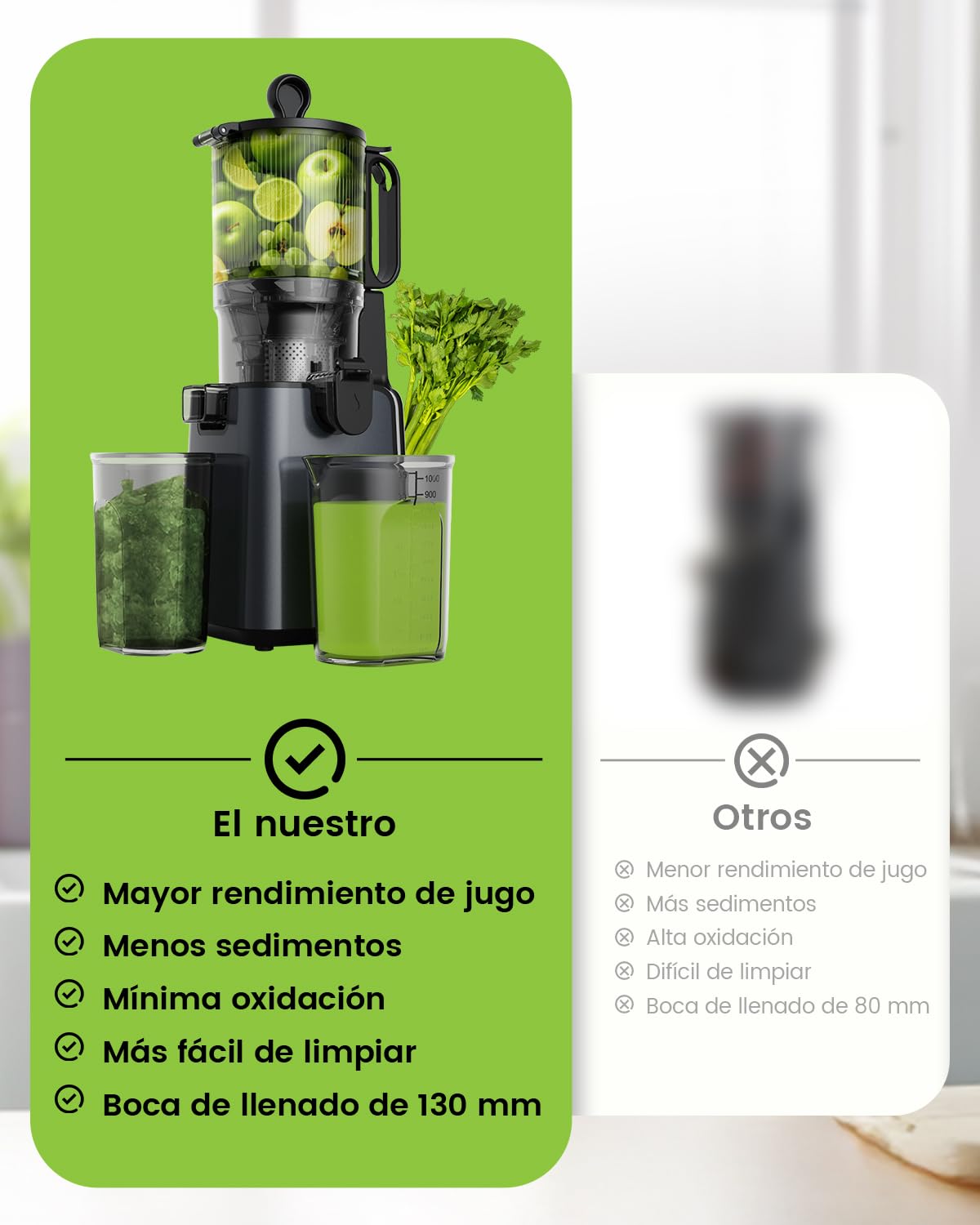 Exprimidor lento, 130 mm de orificio de llenado y depósito de zumo de 1,8 L, prensa fría para verduras y frutas enteras, fácil de instalar y limpiar, sin BPA
