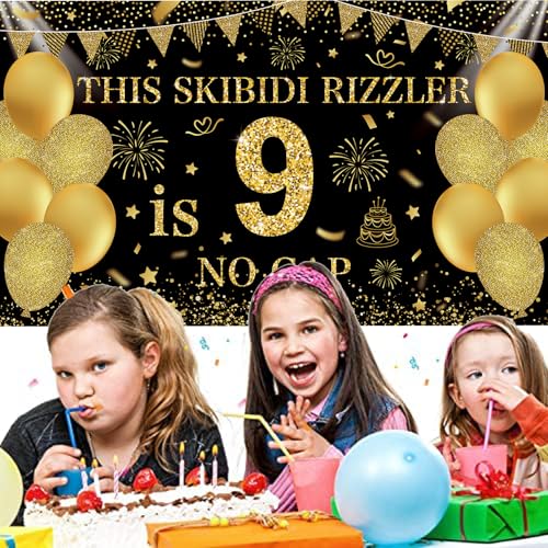 Image of Black Gold This Skibidi Rizzler is 9 No Cap Happy Birthday Backdrop Banner Photography Background Decorations for Boys Girls 9th Year Bday Party Accessories Supplies 72.8 * 43.3in