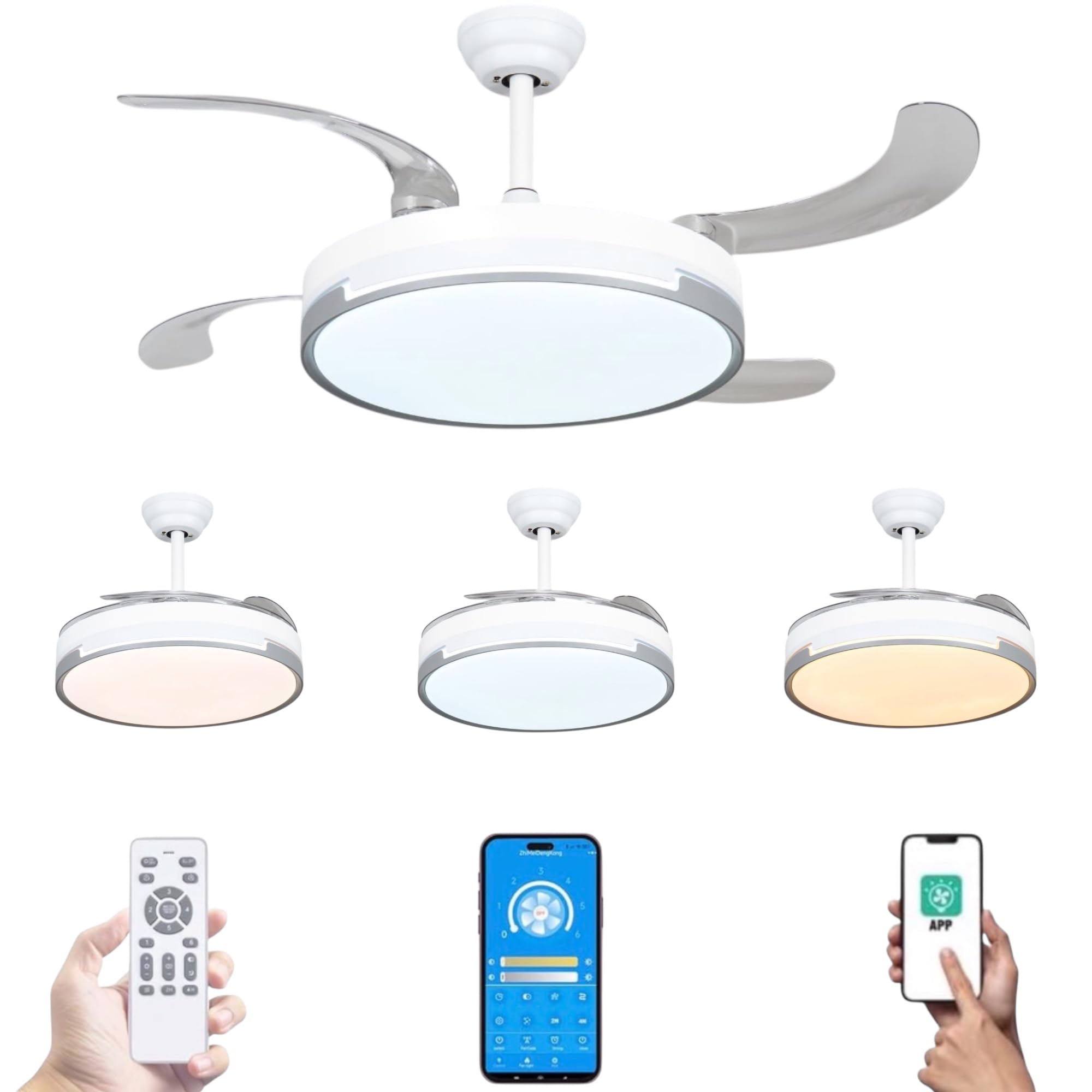 Ventilador de techo con luz LED 36W Blanco en 3 Temperaturas de Luz con Mando a Distancia -Motor DC Eficiente y Silencioso, 3 tonalidades, aspas desplegables retráctiles, 6 velocidades (F9900)