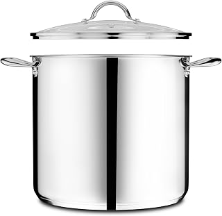 Stainless Steel Stockpot with Tempered Glass Lid 24 Quart, Durable 18/0 Stainless Steel, Impact-Bonded Base for Even Heating, Riveted Handles, Oven & All Stove Compatible, Safe Up To 500°F (260°C)