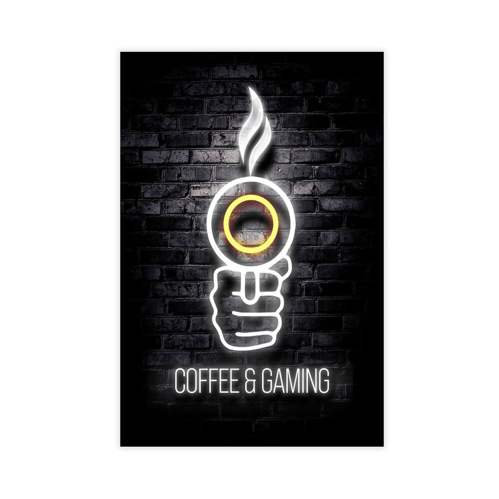 Poster, Motiv: Gaming-Kaffee-Neon-Poster, Druck für Teenager, Jungen, Zimmer, Leinwand, Wandkunst, Leinwand, Gemälde, Druck, 60 x 90 cm