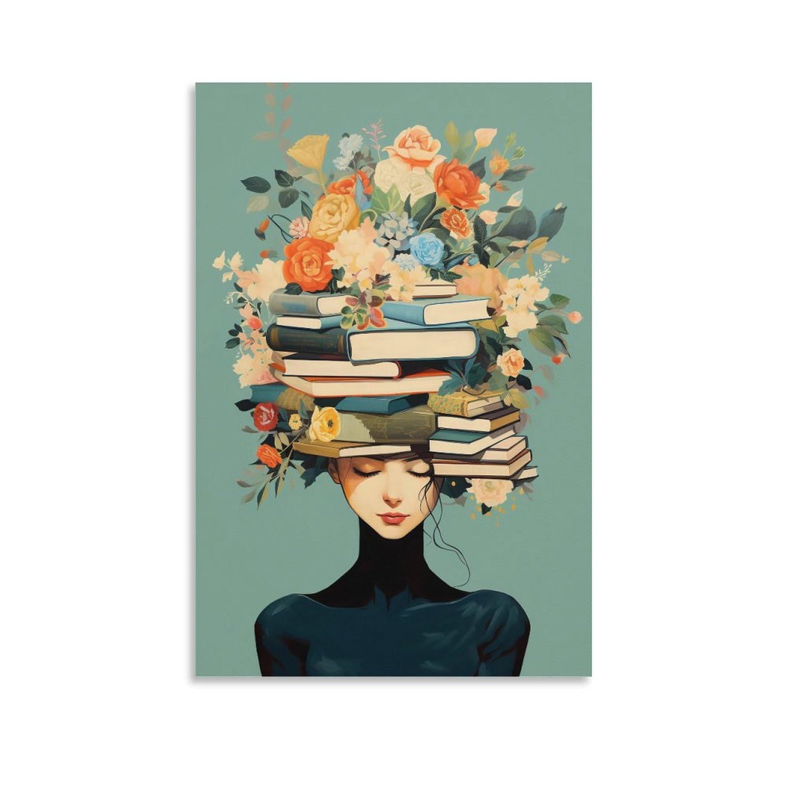 FireDeer Girl Reading Book Wall Art Inspirational Poster Flower on Head Vintage Painting Ideal for Library Classroom Tween Girl Room Decor (02- book head,16x24inch-Unframe)