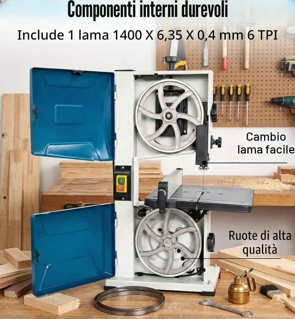 KATSU Tools Sega a nastro da banco 200 mm 350 W Sega a nastro elettrica per lavorazione del legno, tavolo da lavoro in metallo inclinabile a 45° per tagli obliqui, lama inclusa 100555